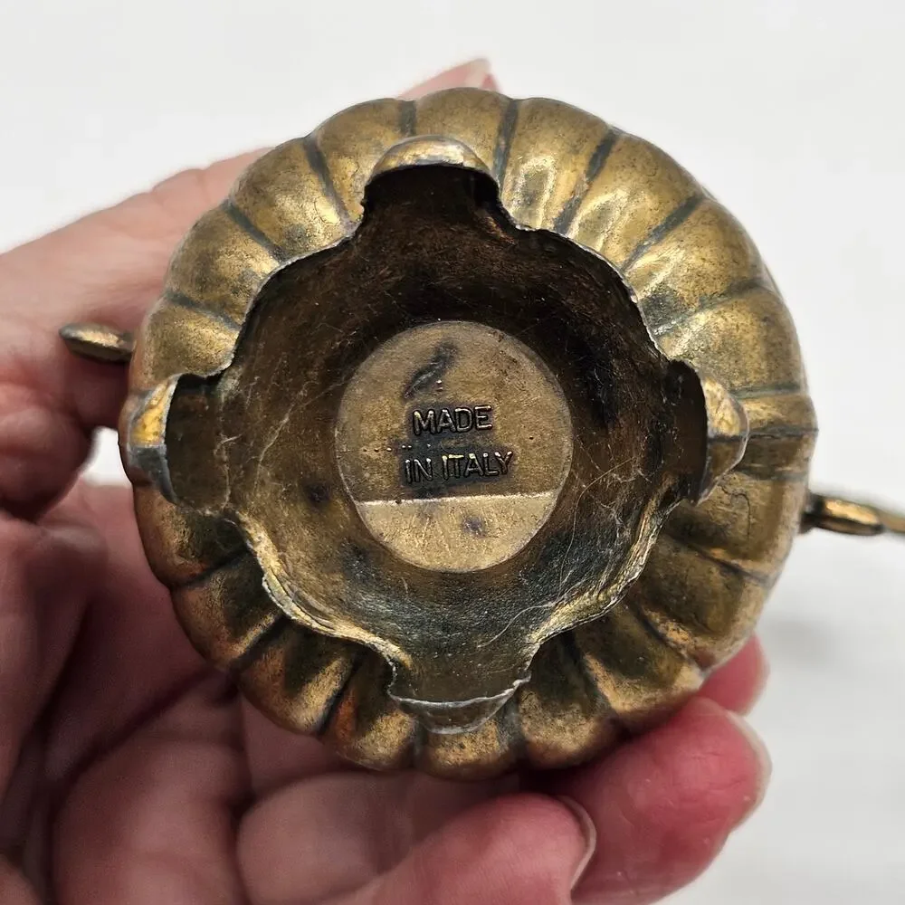Vintage Italian Metal Bud Vase Gold Tone Ornate Floral Relief Scrolled Handles